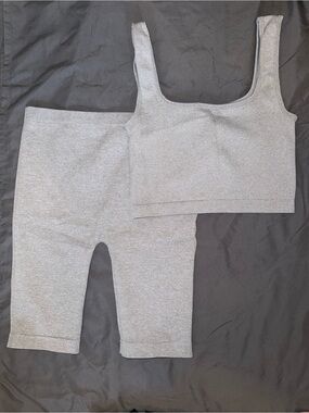 Gray Ribbed Crop Tank and Biker Short Set